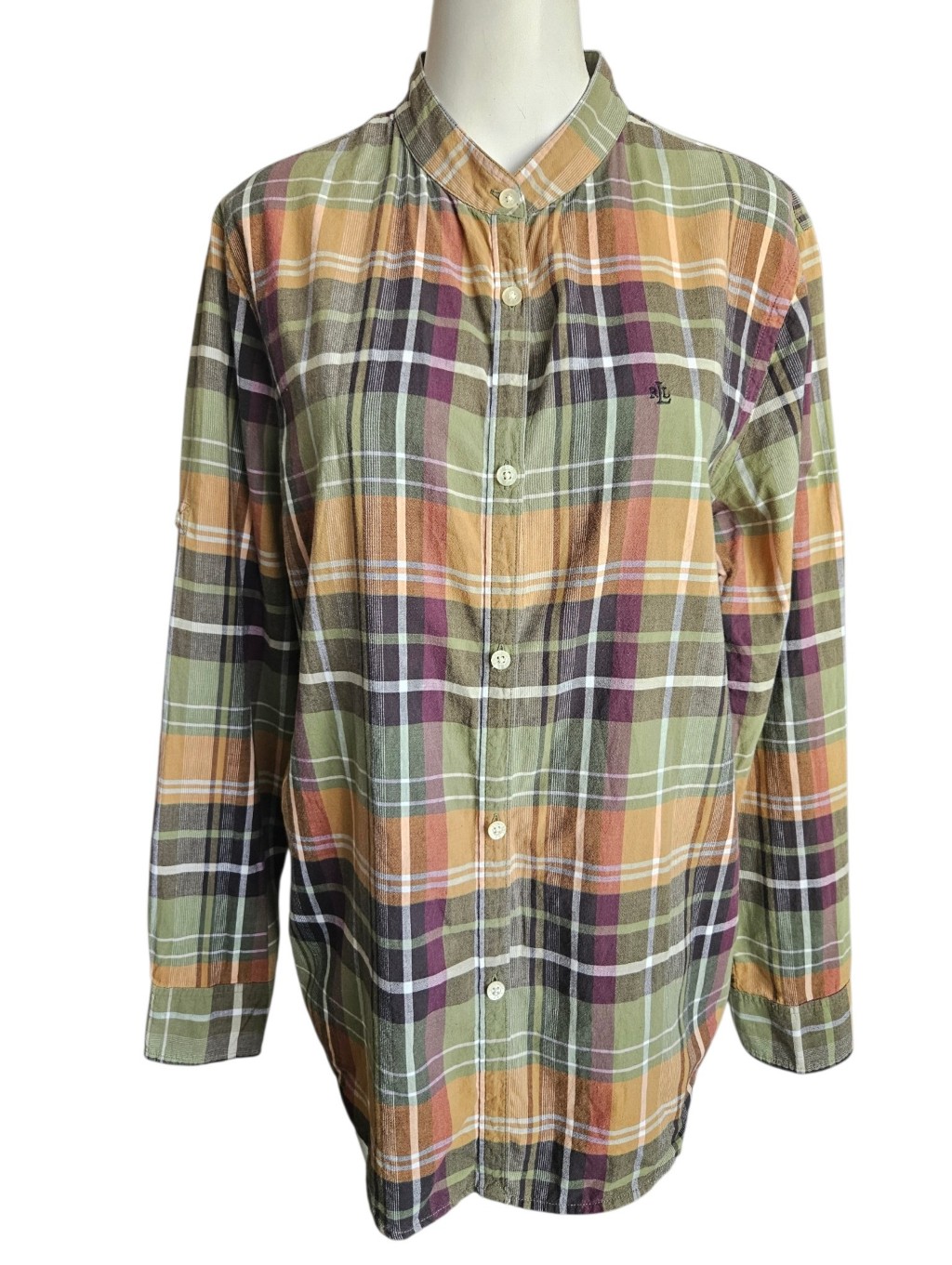 Vtg Lauren Ralph Lauren Womens Mandarin Collar Plaid Button Down Sz Lg